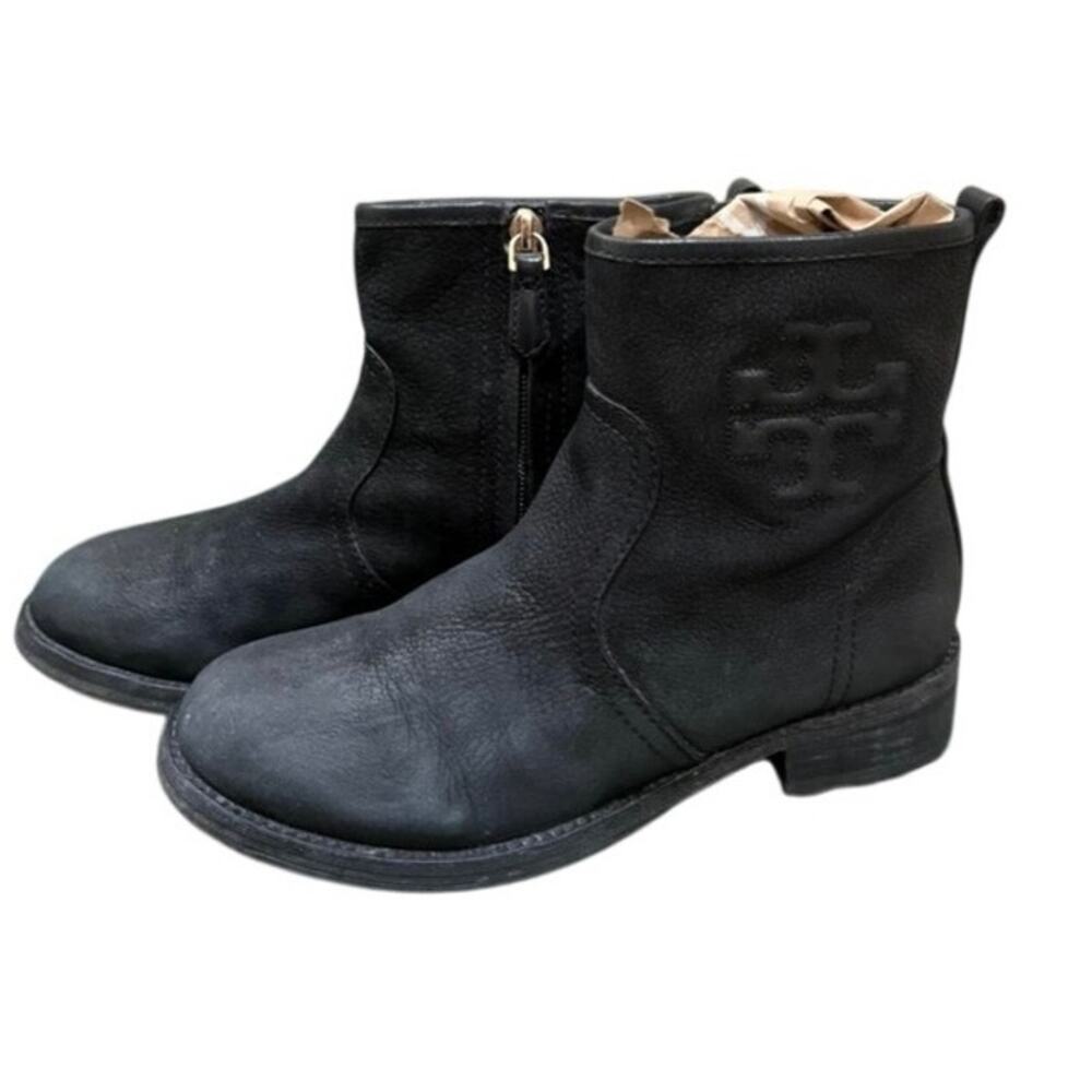 Tory Burch Simone Black Leather Ankle Boots, casual motorcycle/equestrian-style.